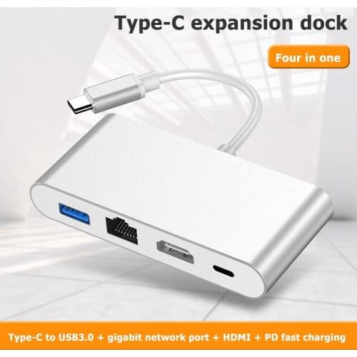HW-TC42 HDMI-compatible / USB Splitter 3.0 Hub 4 in 1 USB Type-C HUB USB3.0 PD RJ45 Ethernet Dock Adapter