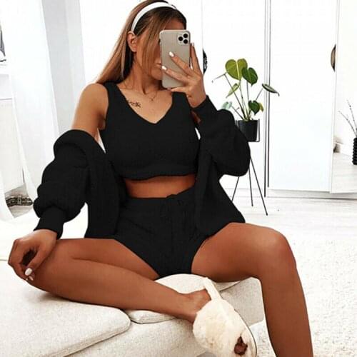 Womens 3pcs Sleepwear Set Teddy Bear Fleece Coats + Shorts +Crop Top Jumper Suit