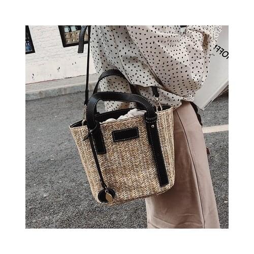 Summer Woven Shoulder Bags Shopping Purse Beach Handbag Straw Handbags Travel Bag Drawstring Womens Straw Bucket Bag