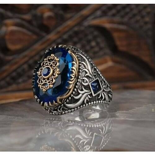 925 Sterling Silver Turkish Handmade Jewelry Sapphire Mens Ring