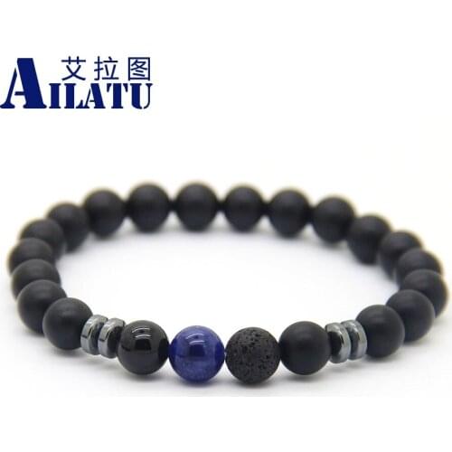 Ailatu New Design Mens Bracelet 8mm Matte Glass Beads Tiger Eye and Blue Veins Lucky Jewelry