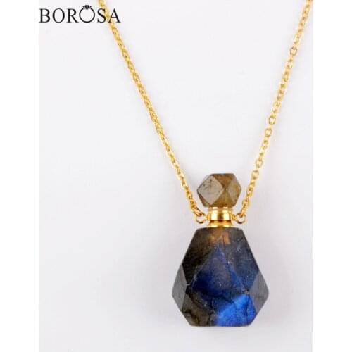 New Natural Labradotite Perfume Bottle Pendant Necklace Gold Color Faceted Gems Stones Essential Oil Diffuser Connector PB001-8