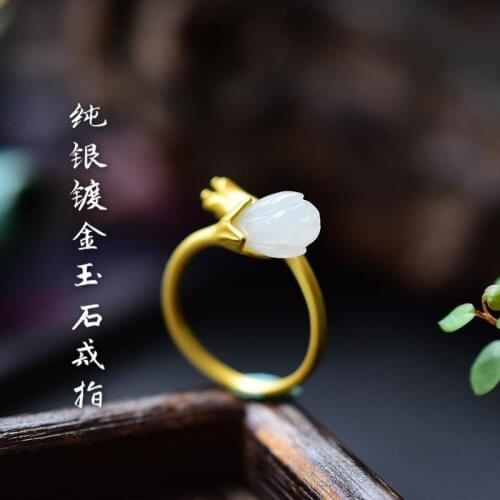 S925 Sterling Silver Anti-Allergy Hetian Jade Magnolia Gold Ring Vintage Temperament Ring Ring Womens New Ring