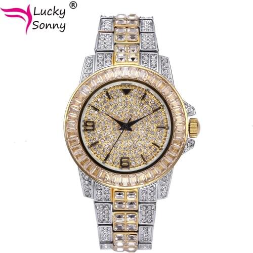 Lucky Sonny New Mens Watches Men Baguette Diamond Watch Men Luxury Brand Man Watch 18K Gold Waterproof Watch Quartz Wristwatch