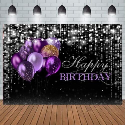 Silver Black Happy Birthday Background Shiny Sequin Purple Balloons String Lights Bokeh Photography Backdrop Party Decorations