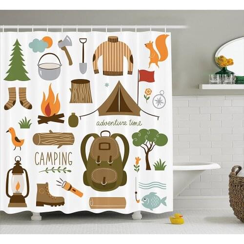 Adventure Shower Curtain Camping Equipment Sleeping Bag Boots Campfire Shovel Hatchet Log Artwork Print Bathroom Curtains