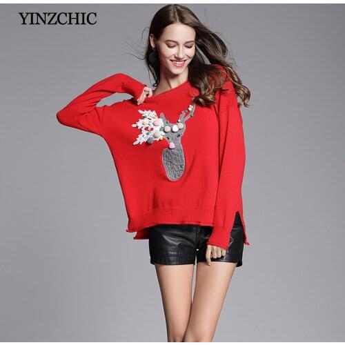 Fashion Womens Computer Knitted Thick Sweater New O-Neck Full Letter Appliques Casual Sweater Cheap Price For Red Color Cartoon