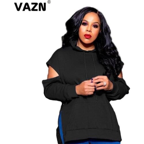 VAZN 2020 Top Quality Novelty Casual Daily Nature Overalls Young Hooded Off Shoulder Full Sleeve Women Regular Slim Hoodies