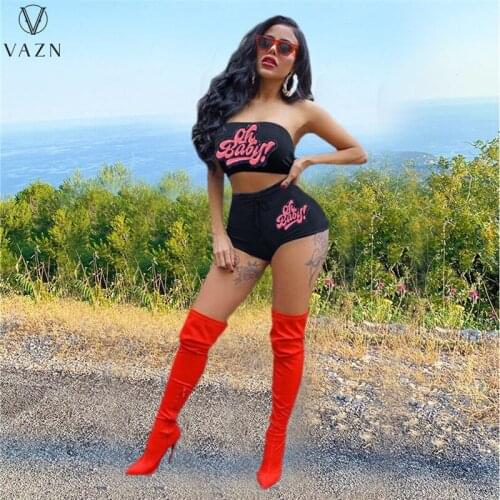 VAZN 2021 Letter Sport Fitness Bodycon Summer Sleeveless Bikini Bodycon Sexy Bandage Beach Suits 2 Piece Set Women Top And Pant