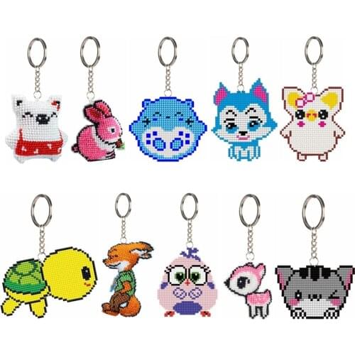 Stamped DIY Animal Bead Cross Stitch Keychain Handmade Craft Printed Embroidery Needlework Key Ring for Gift Backpack Pendant