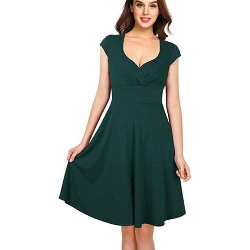 Womens short-sleeved V-neck solid color cotton and linen series slim and elegant skirt with skirt