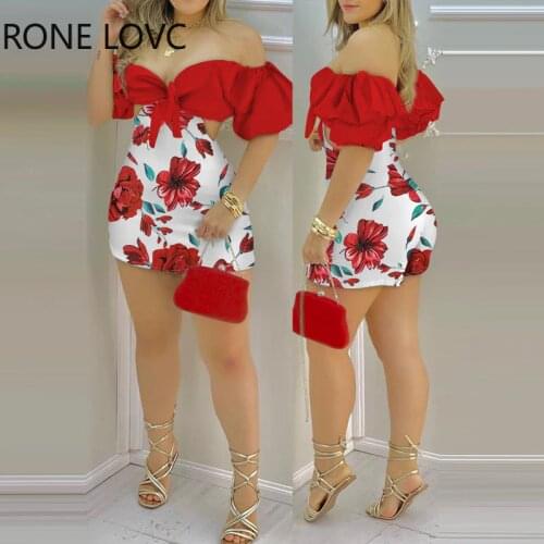 Women Floral Print Off Shoulder Knotted Puff Sleeve Skorts Romper Summer Sexy Romper Jumpsuit