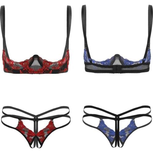 Womens Femme Erotic Lace Sissy Lingerie Set Bare Exposed Breasts Underwire Bra Top with Crotchless Briefs Parties Clubwear