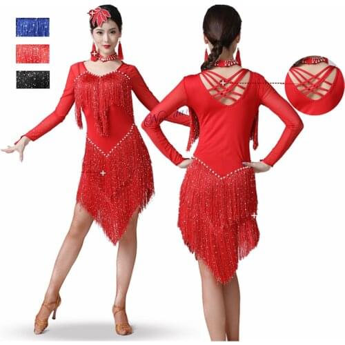 2021 New Sexy Latin Dance Dress Women Mesh Sequin Fringe Competition Ballroom Tango Samba Rumba Salsa Latin Dress