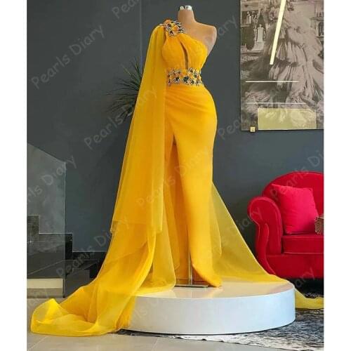 Arabic Yellow Beading Celebrity Dresses One Shoulder Mermaid Prom Dresses For Women Long Evening Gowns платье 2021 Vestidos