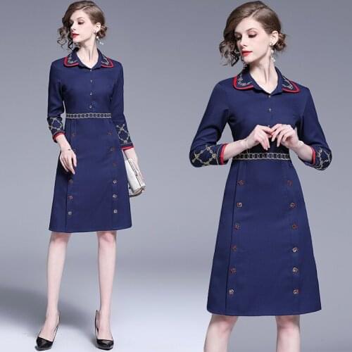 2020 new doll collar embroidered French retro fashion slim midi dress