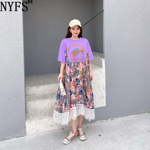 NYFS Summer dress 2021 Korean New Loose Silk flower Patchwork Lace Woman Dress Vestidos Robe Elbise Fashion Printing Long Dress