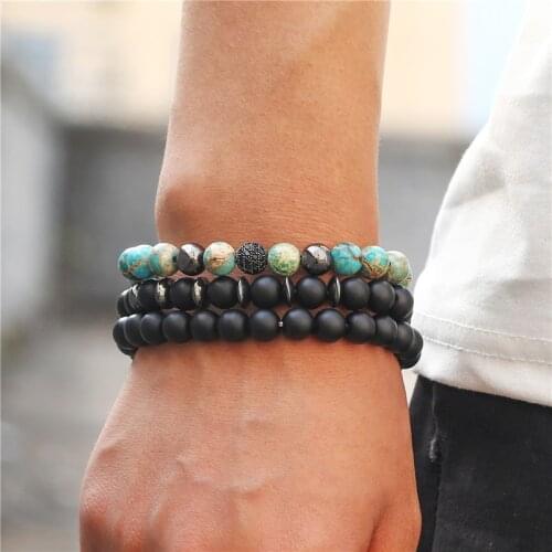 3pcs/set Fashion Men Couple Bracelet Sets 8mm Matte Hematite Stone Bead Pave CZ Ball Charm Bracelet Sets Jewelry Pulsera Hombre