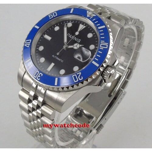 40mm PARNIS black dial Jubilee strap Sapphire glass blue ceramic bezel automatic mens watch