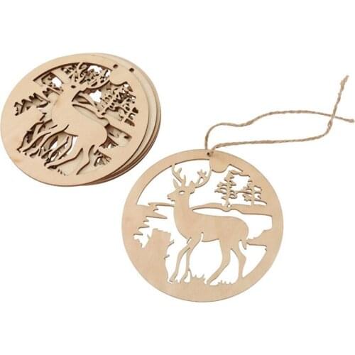 ANGRLY 5pcs Handmade Round Wooden Hollow Deer Design Christmas Tree Gift Box Hanging Decorations New Year Wedding Decoration