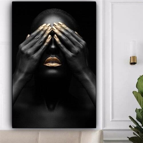 Black Hand and Gold Lip Nude Woman Oil Painting on Canvas Cuadros Posters and Prints African Wall Art Picture for Living Room