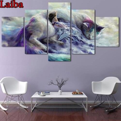 Diy Diamond Painting Fantasy art cat and beauty Full Square Round Drill 5D Diamond Embroidery Mosaic Rhinestones 5 pcs set Decor