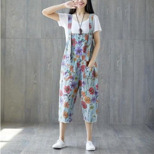 Jeans Trousers for Women Clothes Large Sizes Vintage Print Cowboys Frayed Vintage Jumpsuits Female Loose