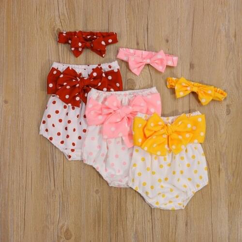 Newborn Infant 2Pcs Baby Summer Outfit Polka Dot Strapless Off-Shoulder Romper + Bow Headband for Toddler Girls 0-18 Months