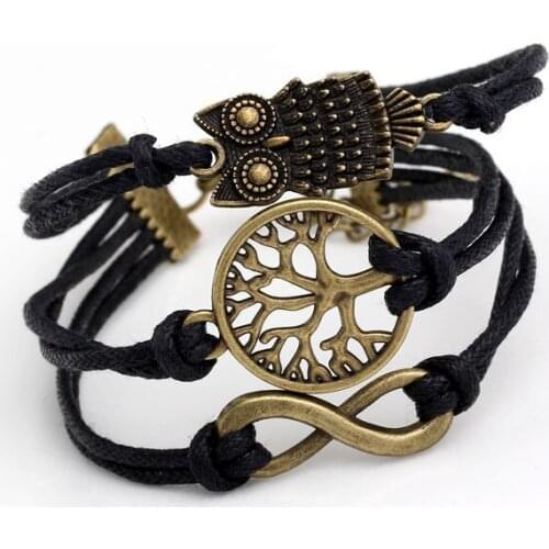 Fashion Vintage Black Owl Charm Leather Cuff Bracelet Infinity Tree of Life Wax Cords Adjustable Bangle Wrap Wristbands Jewelry