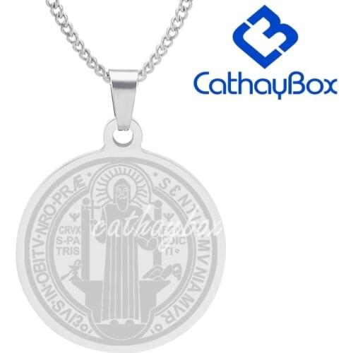 Mens Silver Color Stainless Steel Catholic Religious Patron Saint St. Benedict Holy Medal Pendant Necklace SS Curb Chain 60CM