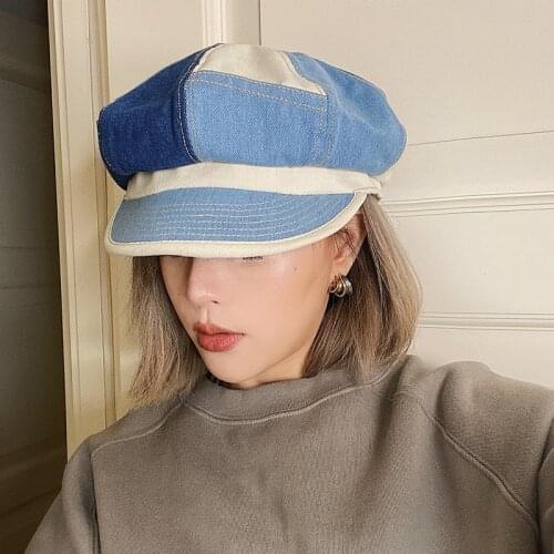 New Retro Blue Contrast Stitching Denim Octagonal Womens Cap Four Seasons Travel Painters Beret Female Baseball Hat
