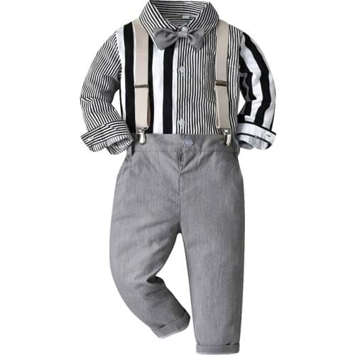Baby Boys Formal Suit Boys Clothes Long Sleeve Striped Bow Tie Shirt+Grey Pants 4 Pieces Suit Set Children Wedding Party Costume