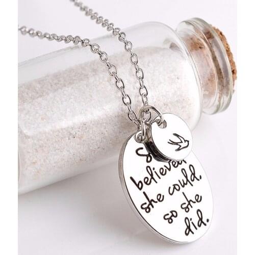 "She Believed She Could So She Did" Incentive Slogans with Petrel Seagull Bird Circular Pendant Necklace Women Ornaments