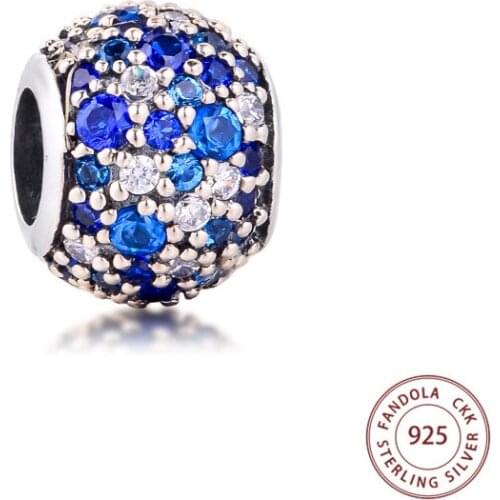 Sky Mosaic Pave Charms Fits Pandora Bracelets 925 Sterling Silver Mixed Blue Crystals & Clear CZ Beads for Jewelry Making