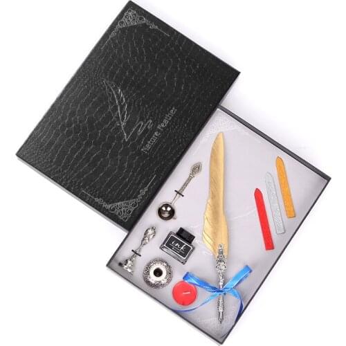 Retro Delicate Feather Pen Full Set Of Ink Set Stationery Gift Box 5 Nibs + Pen Holder + Ink Creative Design Beautiful Pen