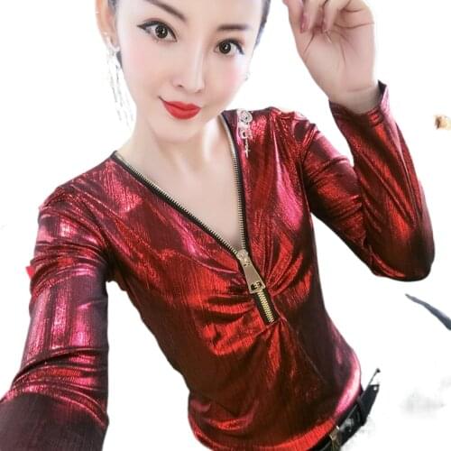 Sexy V neck metallic t-shirts women shiny fake leather tops autumn zipper t-shirts female club dancing t-shirts top