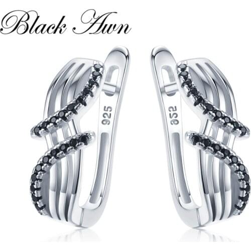 [Black Awn] Classic 925 Sterling Silver Round Black Trendy Spinel Engagement Hoop Earrings for Women Fine Jewelry Bijoux I146