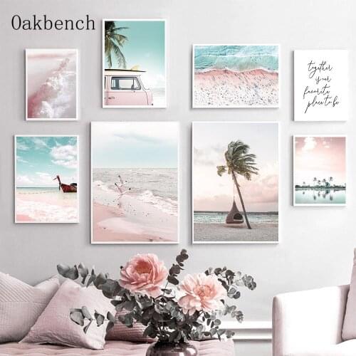 Scandinavian Canvas Painting Pink Beach Landscape Wall Art Poster Palm Tree Print Ocean Art Paintings Living Room Decoration
