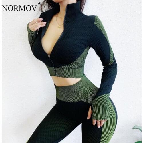 NORMOV Women Tracksuit Sports Zipper Long Sleeve Tops Push Up Leggings Sexy Crop Top Workout Fitness 3 Piece Set Women Sportwear