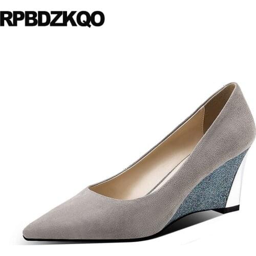 Wedge 2019 genuine leather gray 3 inch suede black work shoes women glitter pink handmade size 4 34 high heels pumps pointed toe
