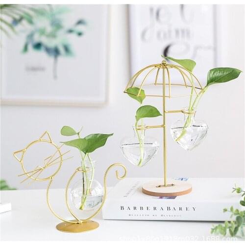 Creative Hydroponic Plant Glass Transparent Vase Flower Arrangement Water Flower Pot Iron Desktop Living Room Decoration