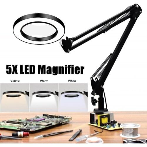 Magnifying Glass with LED Light Third Hand Soldering Tool Desk Clamp USB 5X Magnifier Welding/Reading 12W Table Lamp Ring Lamp
