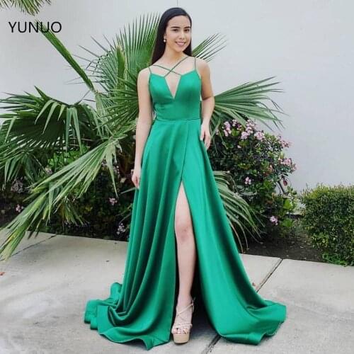 YUNUO Plunging Neckline Satin Evening Prom Gowns A-line High Front Slit Formal Dresses Long Crisscross Party Vestidos Festa