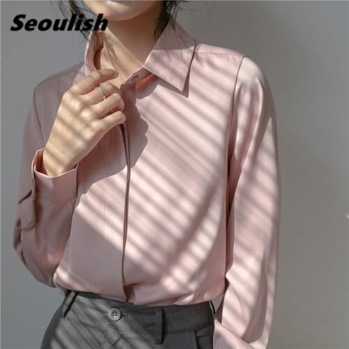 Seoulish Spring Autumn Satin Pink Formal Womens Blouse 2021 New Turn-down Long Sleeve Office Shirts Female Workwear Chic Tops