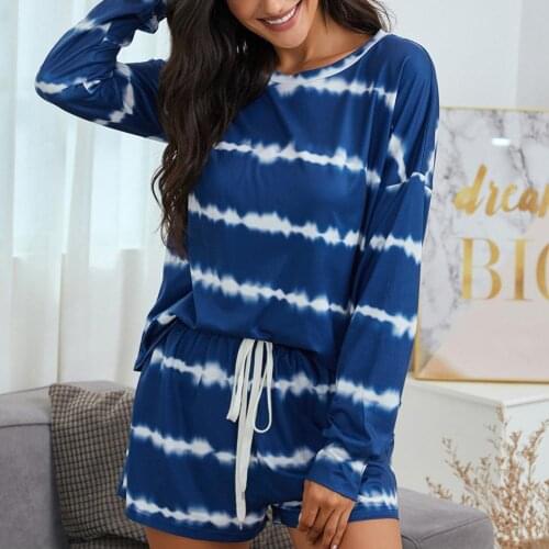 Women Home Wear Lady Pajamas Suit Tie-dye Long Sleeve T-shirt Shorts Sleepwear Womens Pajamas Sets