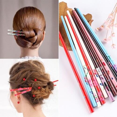 2 Pcs Women Colorful Retro Style Hand-carved Natural wood Hair Stick Chopstick Hairpin Hair Accessories Styling Tools Hair Care