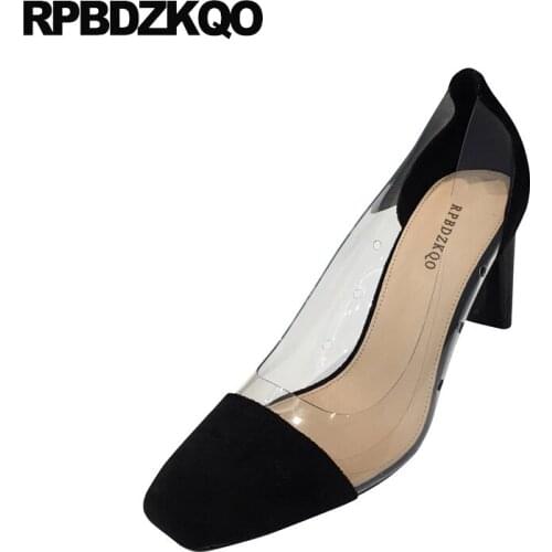 Clear transparent 8cm pvc thick ladies black high heels patent leather european designer shoes pumps quality suede square toe