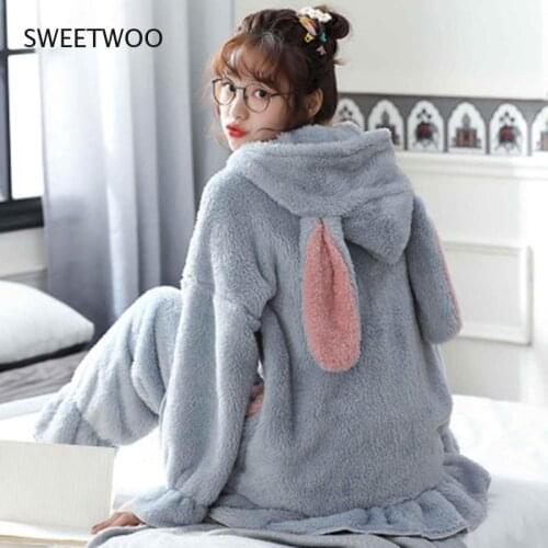Womens Hooded Flannel Pajamas Set Warm Sexy Princess Bow Sleepwear Set Women Cartoon Sweet 2021 Homewear Long Sleeve Coat Pant
