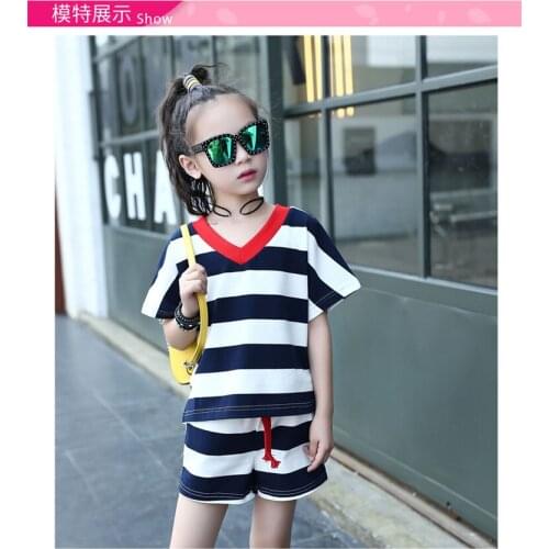 2Color 4-14age Girl Summer Clothing set Striped T shirts+Shorts,girls kids Casual 2pcs suits