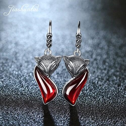 JIASHUNTAI Retro Silver Sapphire Ruby Garnet Fox Earrings For Women Vintage 100% 925 Sterling Silver Gemstone F Jewelry